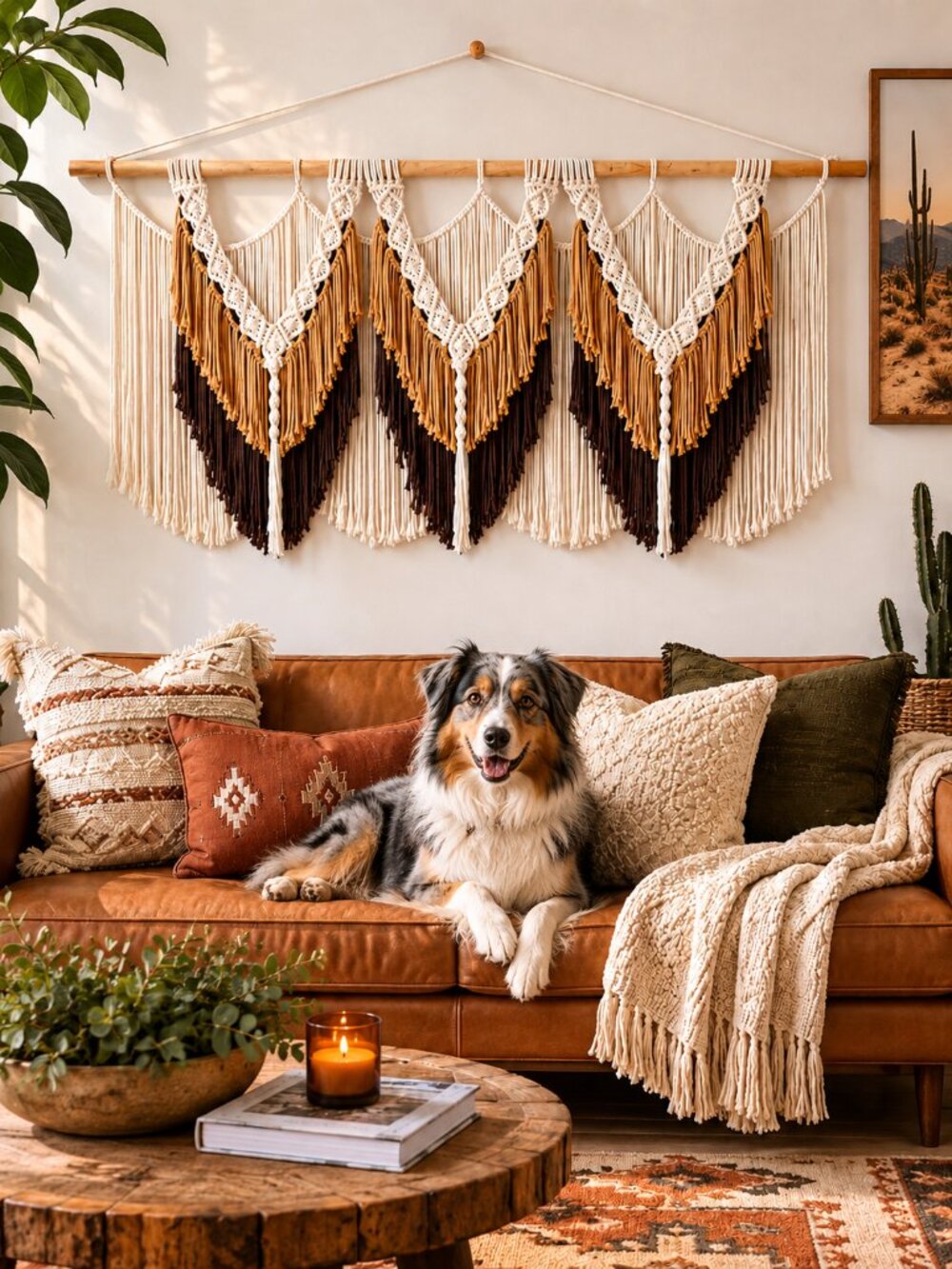 4FT Long Boho Cabin Global Bohemian Macrame Wall Hanging on Wood Pole - NEW